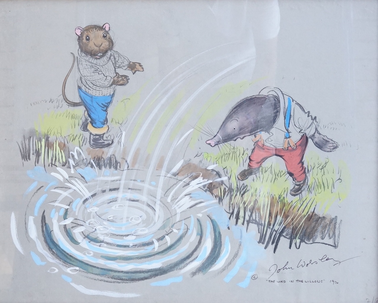 John Worsley (1919-2000), 'Mole was amazed to see the otter disappear in a swirl of bubbles', signed and dated 1970, original illustration for Wind in the Willows, 50 x 63cm